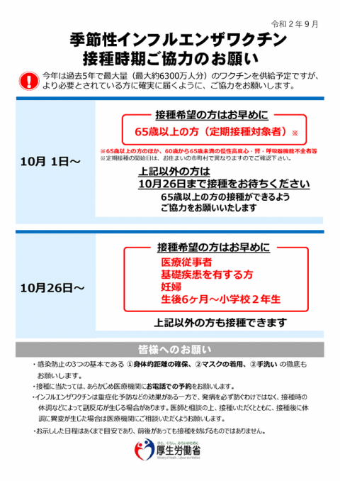 厚生労働省季節性インフルエンザワクチン接種時期ご協力のお願い