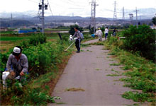 鍋谷川の除草作業状況の一