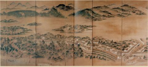 紙本著色金沢城下図（犀川口町図）六曲屏風・絹本著色