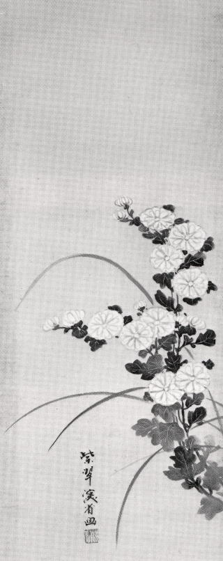 紙本著色菊花図 尾形乾山筆・雲金砂子著色陶淵明林和靖図六曲