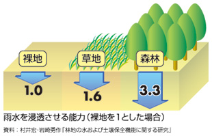 水源涵養機能（雨水を浸透させる能力、裸地を1とした場合、草地は1.6、森林は3.3）