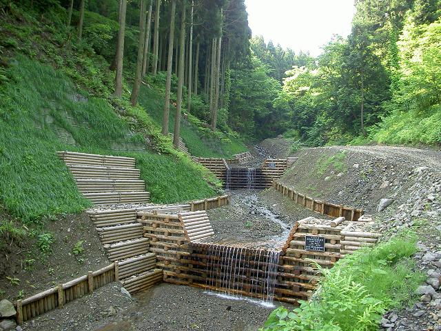 木材（能登ヒバ）を活用した渓間工事