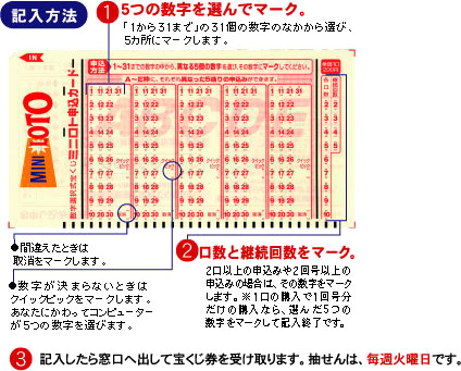 5つの数字を選んでマーク。口数と継続回数をマーク。